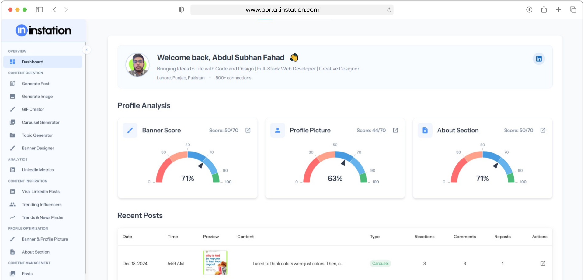 Instation Dashboard - App Preview