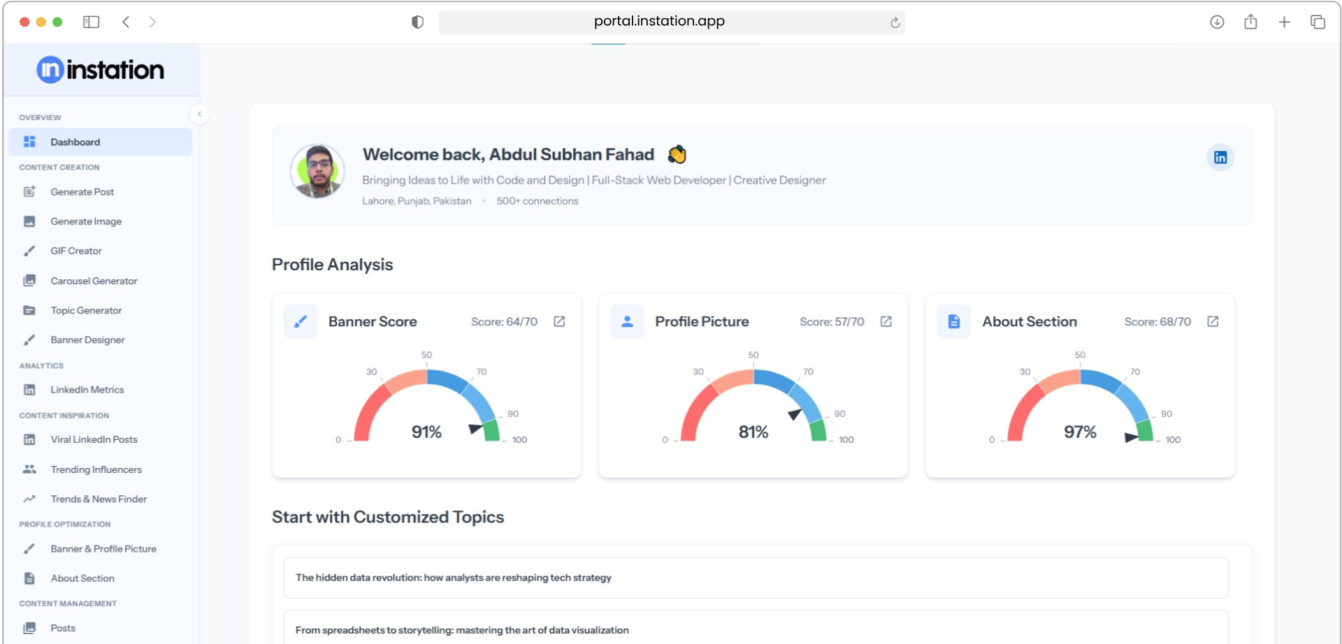 Instation Dashboard - App Preview